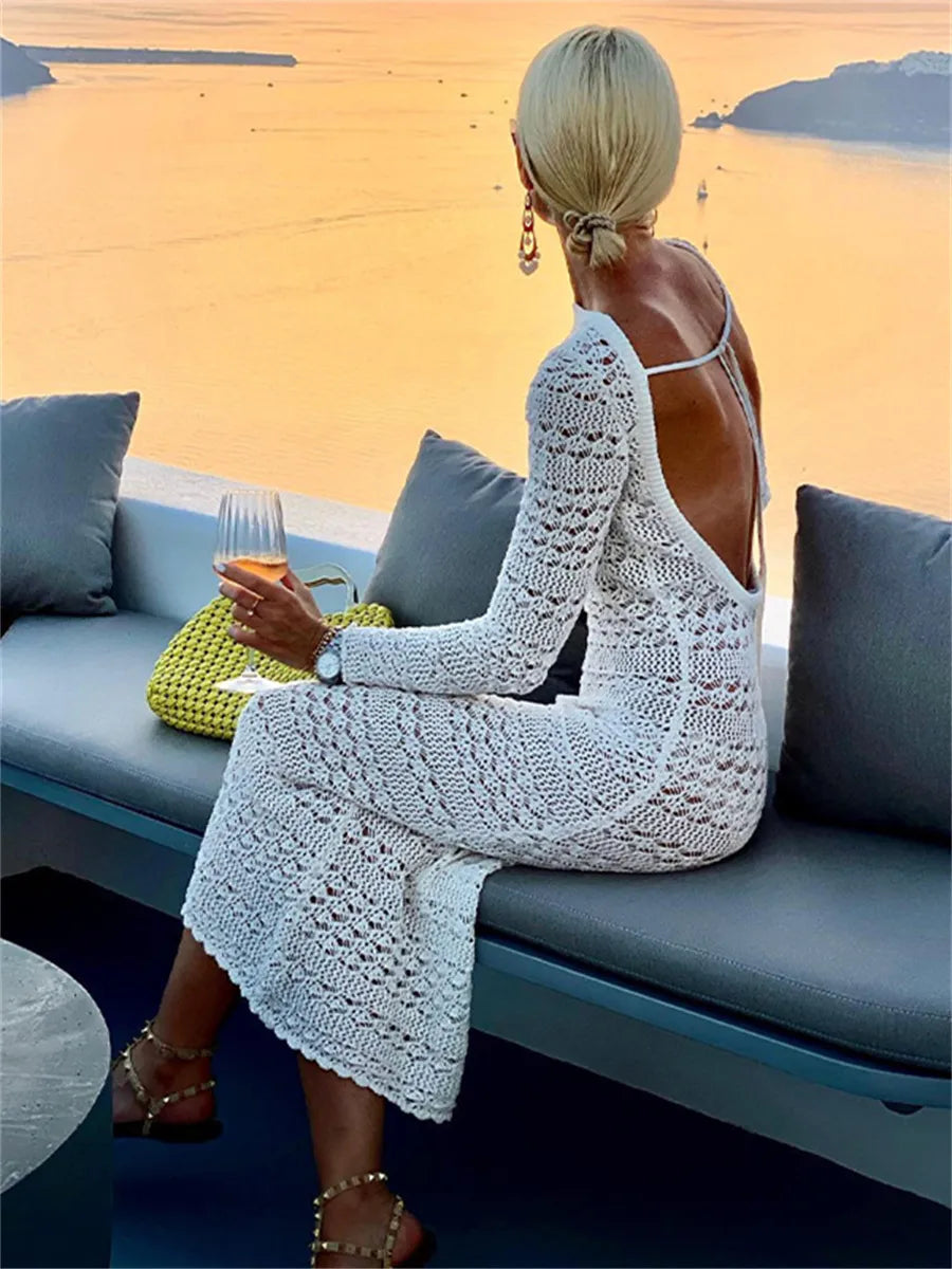 2024 Backless Tie Up Knit Crochet HollowOut Beach Maxi Dress